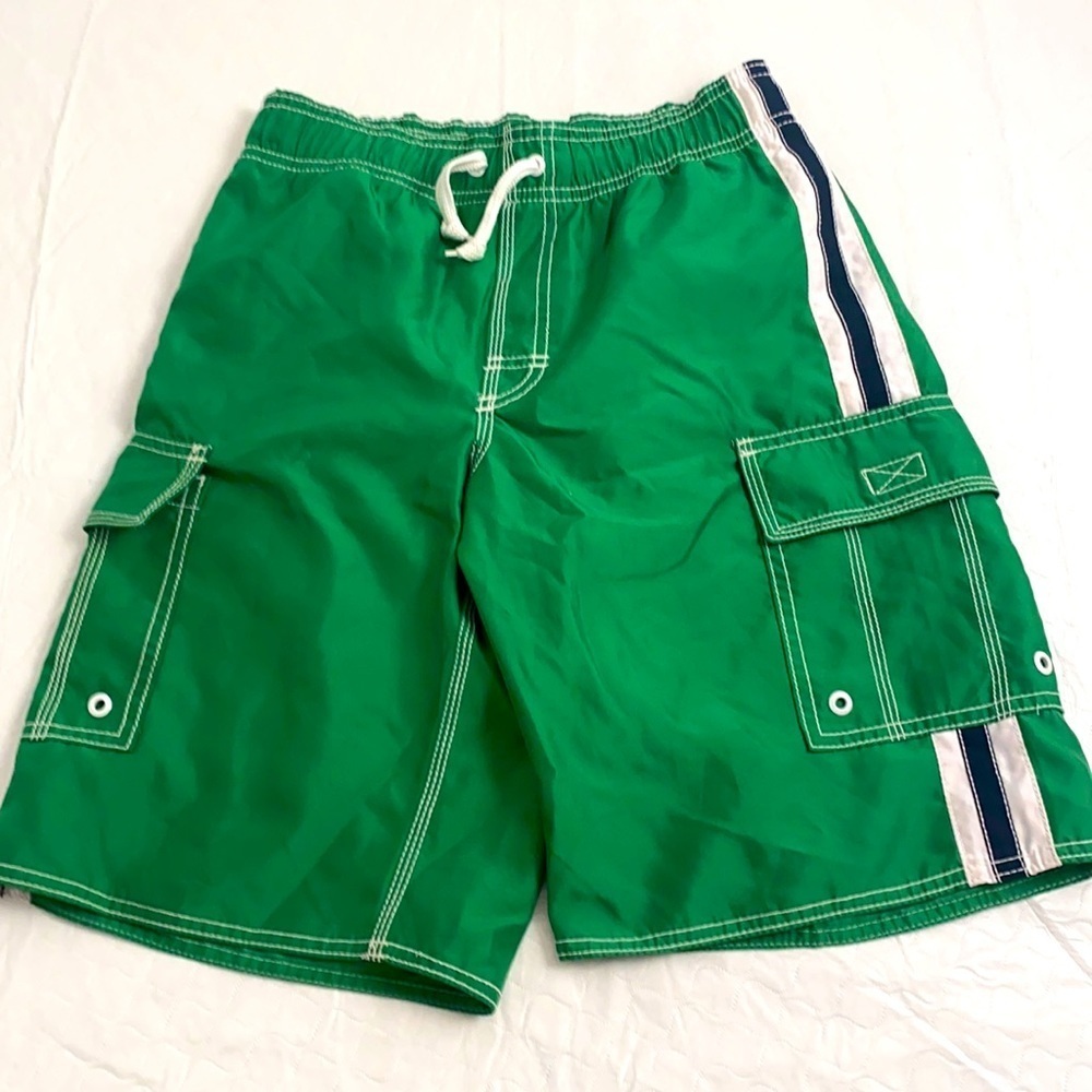 Old Navy green and white swim trunks with pockets
